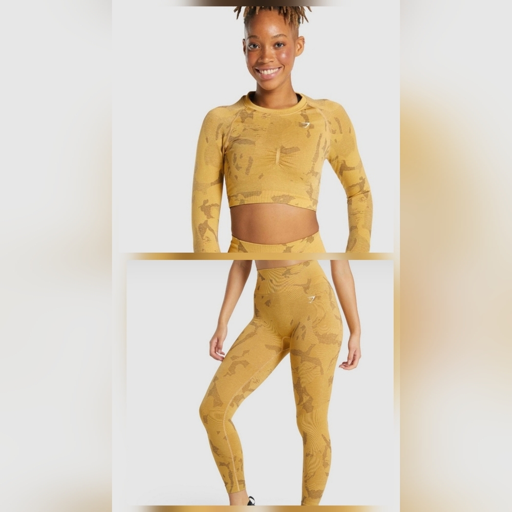 SET- Gymshark Yellow Camo Crop Top and Leggings